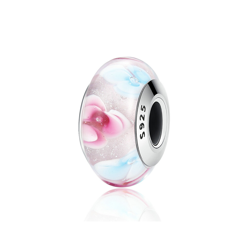 Pink & Blue Flower Murano Glass Charm Bead Genuine 925 Sterling Silver Compatible With Pandora Bracelets