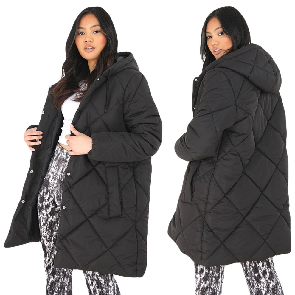 (UK 18) Women Long Padded Puffer Hood Longline Jacket