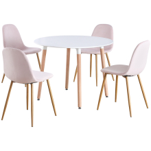 (White Table & Pink Velvet Chairs) Charles Jacobs Round Dinner Table & Chair 4 Seat Circular Scandi Set for Kitchen Dining Room