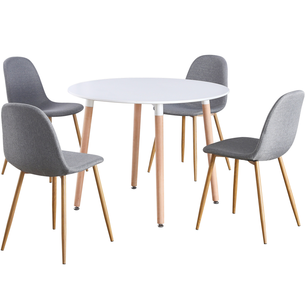 (White Table & Grey Fabric Chairs) Charles Jacobs Round Dinner Table & Chair 4 Seat Circular Scandi Set for Kitchen Dining Room
