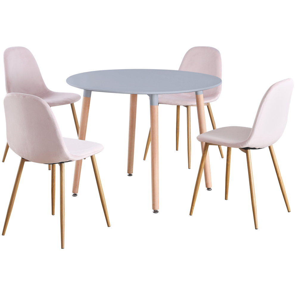 (Grey Table & Pink Velvet Chairs) Charles Jacobs Round Dinner Table & Chair 4 Seat Circular Scandi Set for Kitchen Dining Room