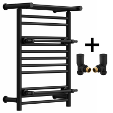 (Matt Black, With Angled Valves) Designer Heated Towel Rail Radiator With Top Shelf OSLO