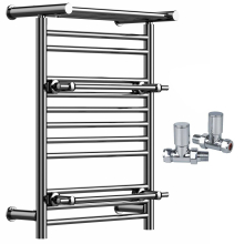 (Chrome, With Straight Valves) Designer Heated Towel Rail Radiator With Top Shelf OSLO