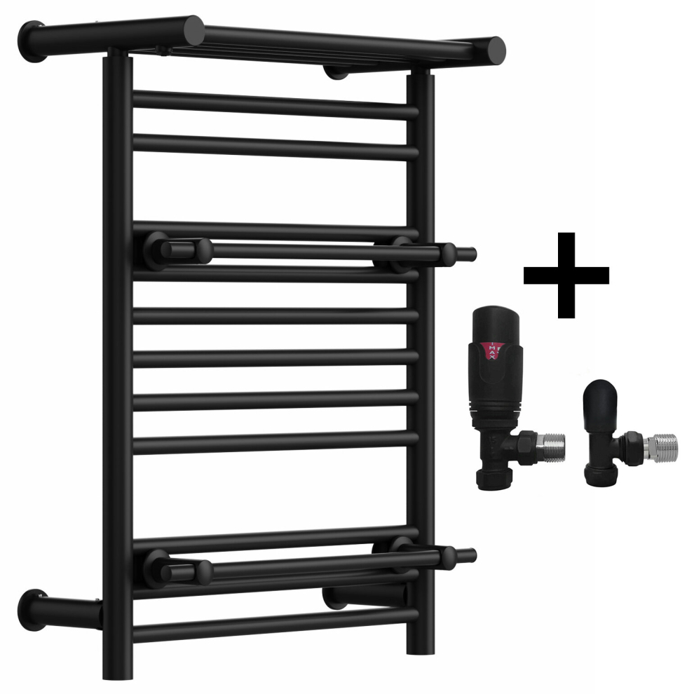 (Matt Black, With TRV Angled Valves) Designer Heated Towel Rail Radiator With Top Shelf OSLO