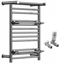 (Chrome, With TRV Straight Valves) Designer Heated Towel Rail Radiator With Top Shelf OSLO
