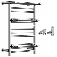 (Chrome, With Angled Valves) Designer Heated Towel Rail Radiator With Top Shelf OSLO
