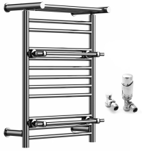 (Chrome, With TRV Angled Valves) Designer Heated Towel Rail Radiator With Top Shelf OSLO