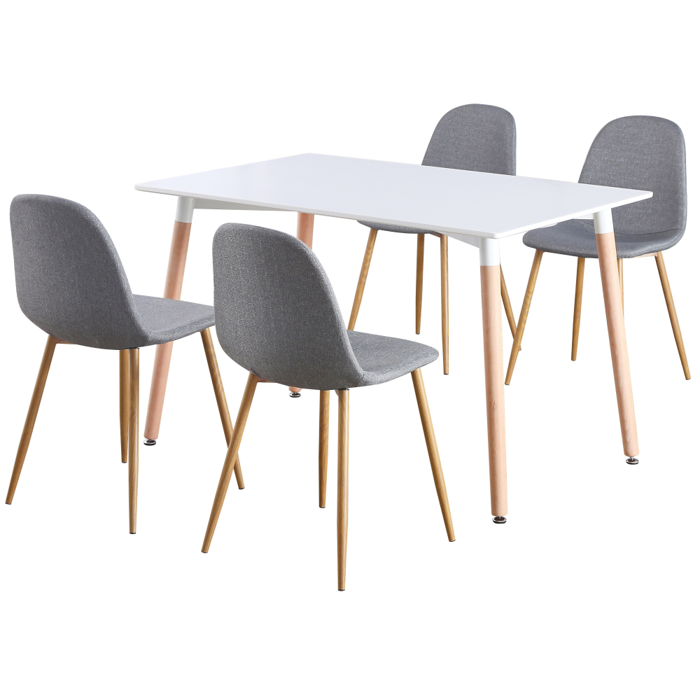 (White Table & Grey Fabric Chairs) Charles Jacobs Rectangular Dinner Table & Chair 4 Seat Scandi Set for Kitchen Dining Room