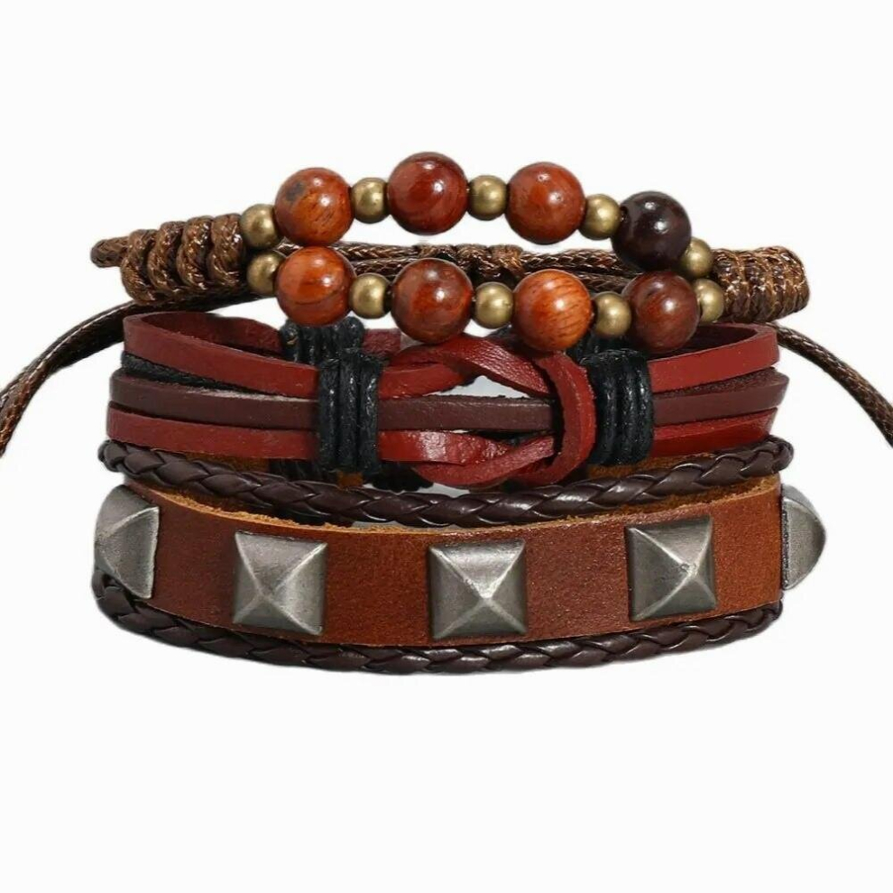of hand-woven 3-piece brown cowhide bracelet European and American hiphop hiphop bracelet-image-OPC-PCWD2DY-NEW