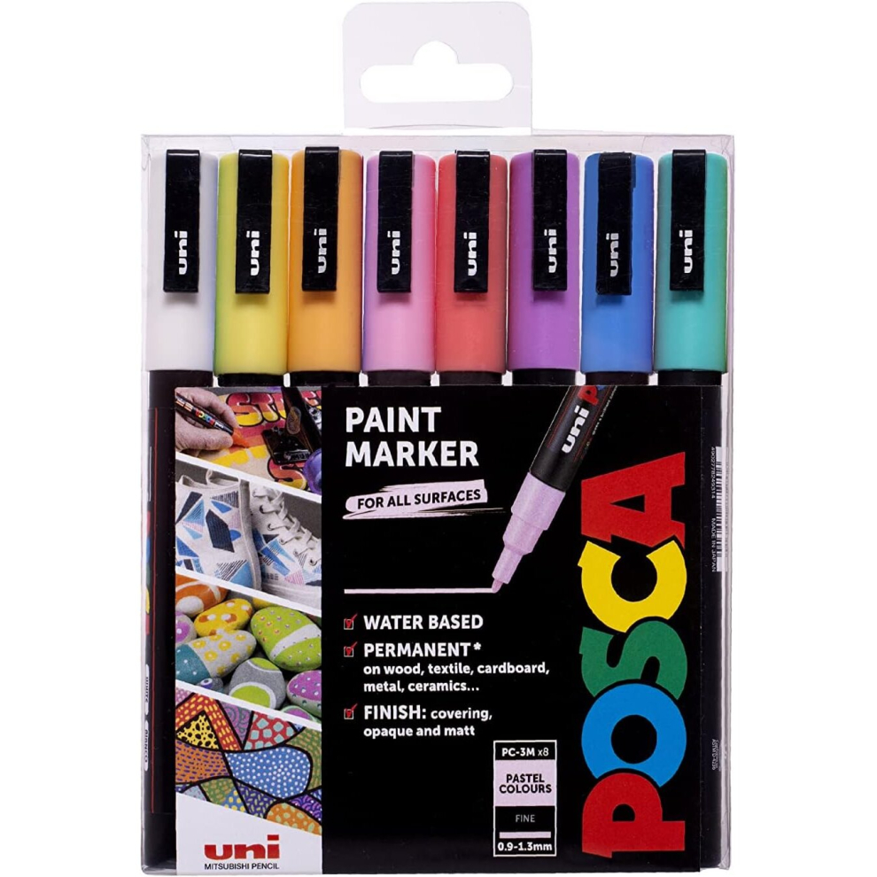 POSCA PC-3M Water Based Permanent Marker Paint Pens Premium Medium Arts Crafts Multi Surface Wood Metal Paper Cardboard Fabric Set of 8Pastel Colours
