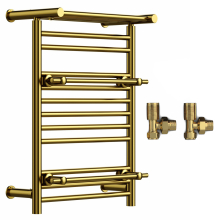 (Shiny Gold, With Angled Valves) Designer Heated Towel Rail Radiator With Top Shelf OSLO