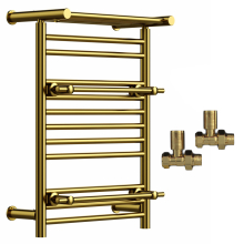(Shiny Gold, With Straight Valves) Designer Heated Towel Rail Radiator With Top Shelf OSLO