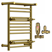 (Shiny Gold, With TRV Straight Valves) Designer Heated Towel Rail Radiator With Top Shelf OSLO