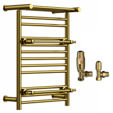 (Shiny Gold, With TRV Angled Valves) Designer Heated Towel Rail Radiator With Top Shelf OSLO