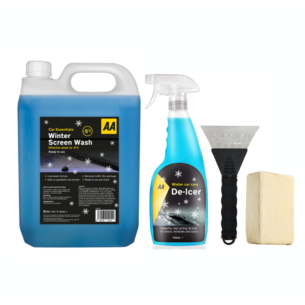 AA Winter Car Kit Screenwash 5L Deicer 750 ml, Ice Scraper, Demister Pad