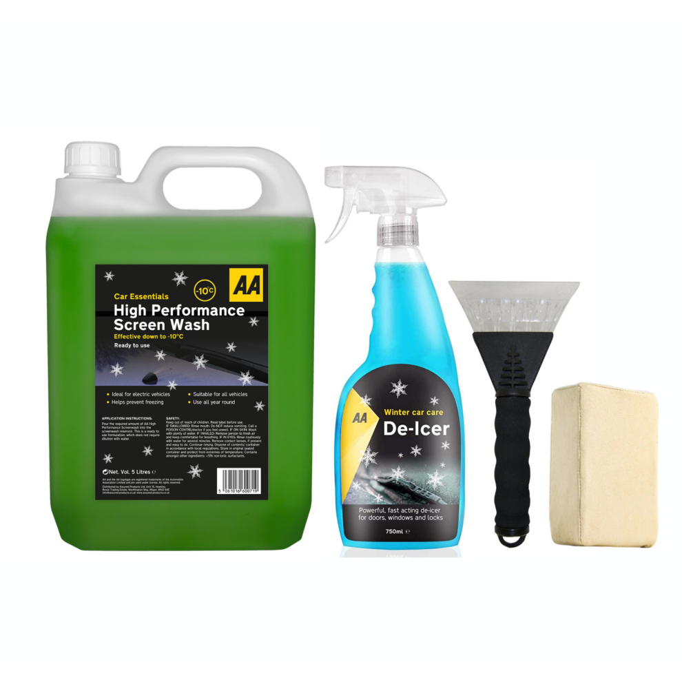 AA Winter Car Kit Screenwash 5L HP Deicer 750ml, Ice Scraper, Demister Pad