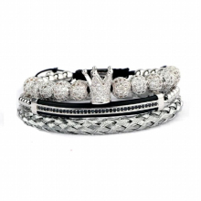 Jewelry Set CZ Pave Crown Ball Beaded Handcraft Adjustable Bracelet Men