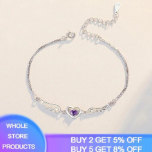 Purple Zircon Double Heart Bracelets Bangles Silver Jewelry Charm Bracelet for Women Party Gift High