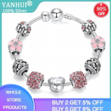 Silver Chain With Flowers Florals Beads Charm Bracelet Pink Bracelet Bangle Women Jewelry
