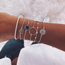 Vintage Flower Charm Bracelet Set For Women Retro Silver Circle Chain Bangle Female Party Jewelry