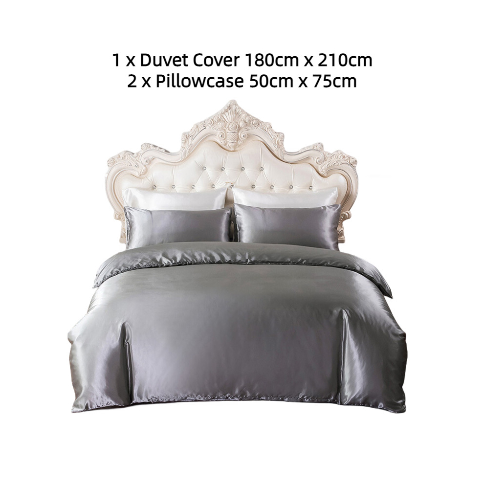 (Gray, Duvet Cover 180*210cm) Solid Color Simulated Silk Bedding Duvet Cover Bed Sheet Breathable Pillowcase