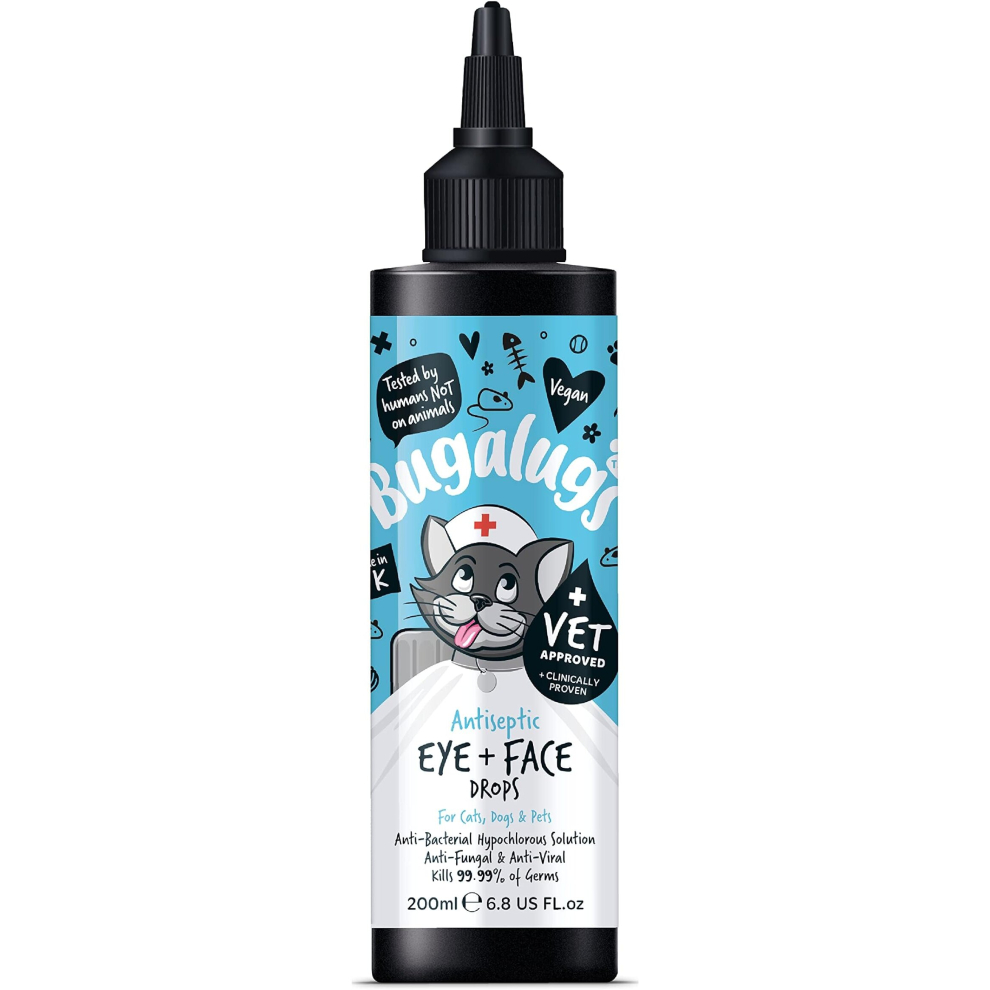 BUGALUGS Cat Eye Drops for infection 200ml, Antiseptic eye drops for cats, kitten, & small animals. Antibacterial First aid for dry, itchy