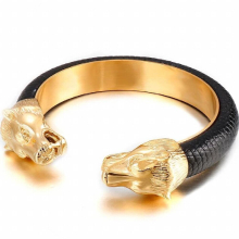 Plated Stainless Steel Lion Head Open Bangles For Men Elastic Adjustable Leather Bracelets Boys Hand Accessories Jewelry