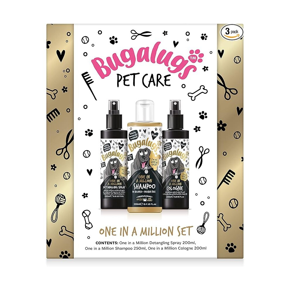 Bugalugs Spa Gift Set For Dogs With Shampoo, Detangle Spray & Cologne, Dog Birthday, Dog Birthday and Christmas Present (One in a Million)