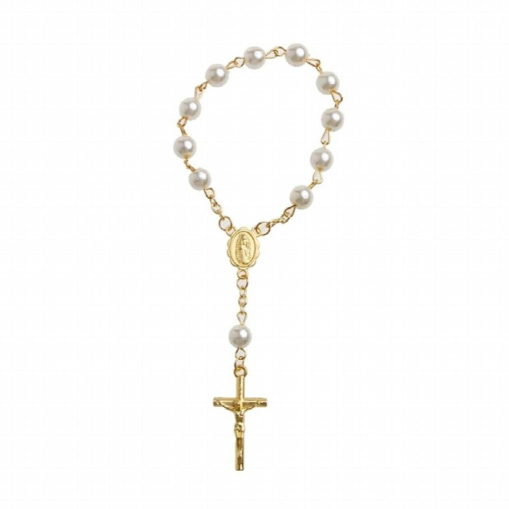Catholic Cross Finger Chain Mini Rosary Finger Baptism Rosaries Faux Pearls Bracelet For Baptism Favors Christening Multicoloured