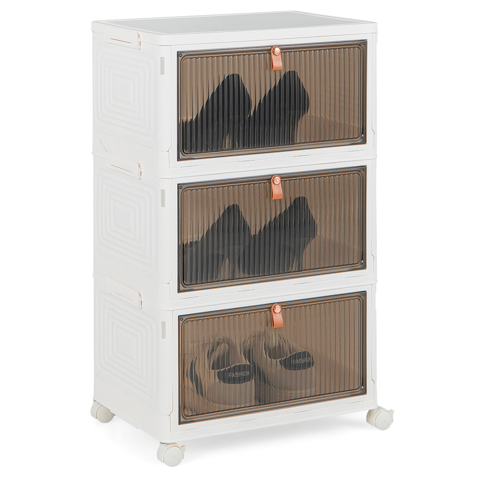 Foldable 3 Tier Shoe Cabinet Rack Stackable Shoe Organizer w/ Wheels