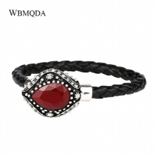 Punk Woven Leather Bracelets For Women Vintage Red Resin Crystal Silver Charm Bracelet Jewelry