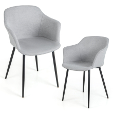 Set of 2 Upholstered Dining Chairs with Armrests - Modern Linen Seat, Black Metal Legs, Ergonomic Back & X-Frame
