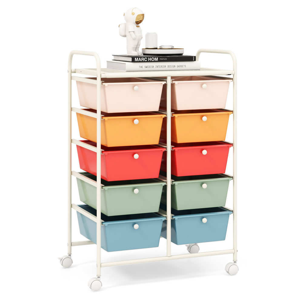 10-Drawer Mobile Storage Trolley Utility Cart with Handle & Metal Frame