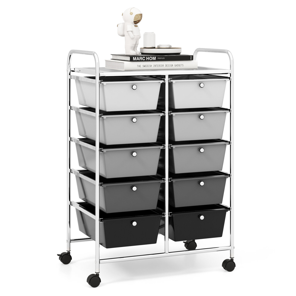 10-Drawer Mobile Storage Trolley Utility Cart with Handle & Metal Frame