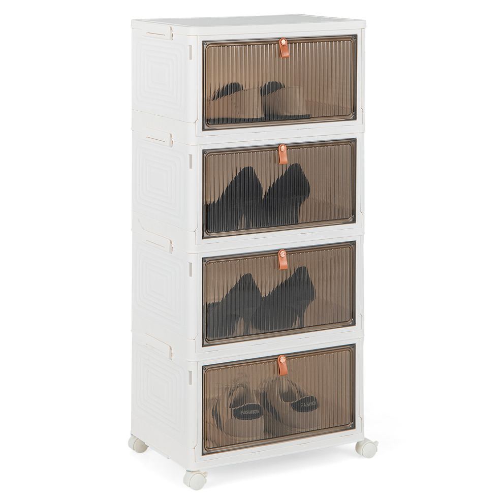 Foldable 4 Tier Shoe Cabinet Rack Stackable Shoe Organizer w/ Wheels