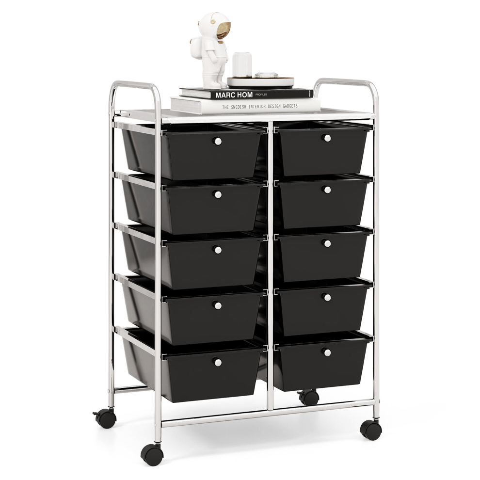 10-Drawer Mobile Storage Trolley Utility Cart with Handle & Metal Frame