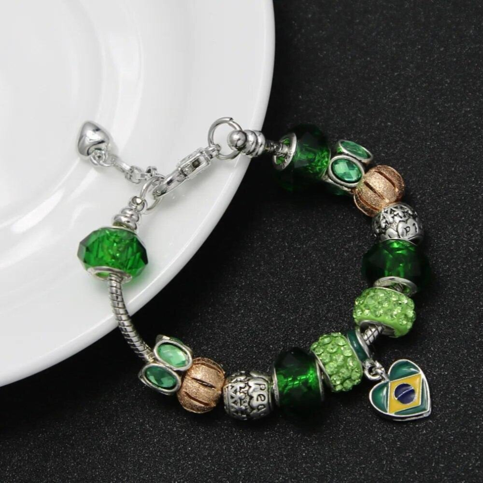ABL241, Alloy Brazil National Flag Pendent Green Resin Big Hole Beaded Heart Charm Chain Bracelet Bangles Jewelry For Women Men-image-OPC-PCWGD76-NEW