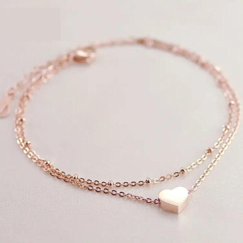 GIRLS DOUBLE LAYER HEART ANKLET ANKLE BRACELET CHAIN ADJUSTABLE