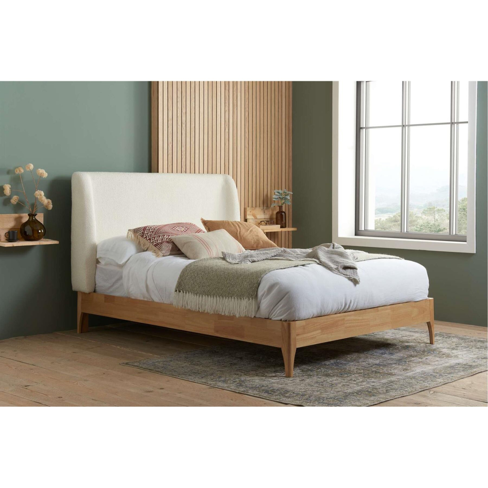 King Size White Oak Bed Frame Birlea Halfden Wing Back 5FT 150cm Boucle Fabric