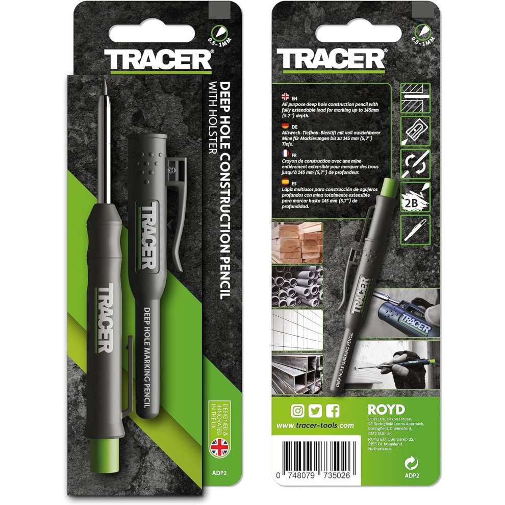 TRACER Deep Hole Construction Pencil with TRACER Site Holster (120mm, Extendable 2B Construction Pencil with Inbuilt Sharpener)