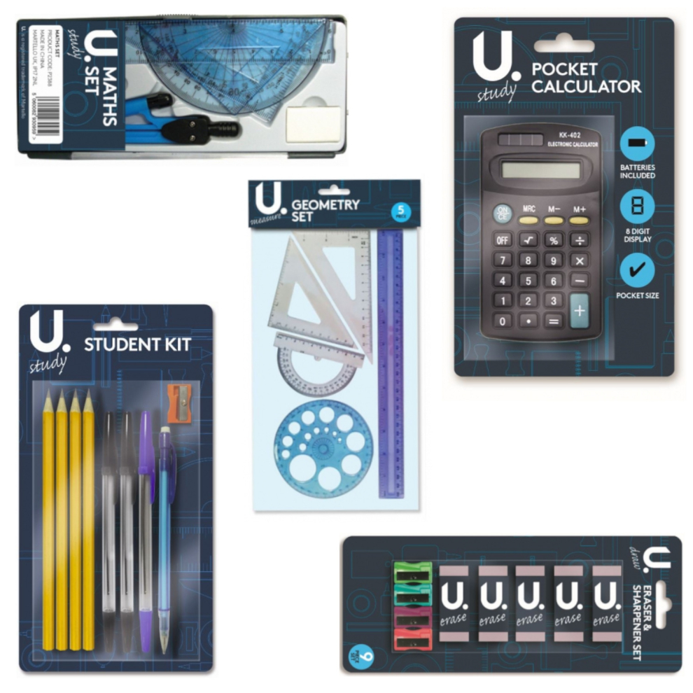 Shumaxx 31Pcs Stationery Math Set: Pencils, Pens, Eraser, Protractor, Ruler, Set Squares, Compass, Sharpener, Erasers & Pocket Calculator (Code: 31Pcsset)