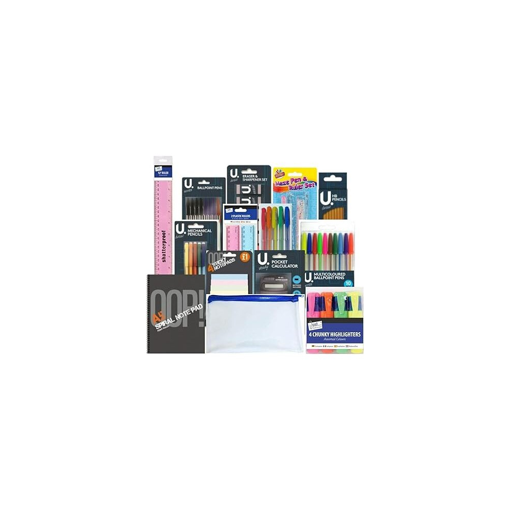 Shumaxx 64 Pcs Stationery Set Back To School Stationary Set Home Schooling Pen Pencil Eraser Calculator Pencil Case Sticky Pads