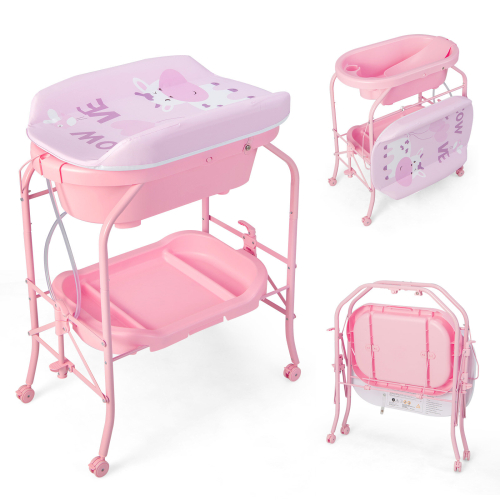 Costway Baby Changing Table with Bathtub Folding Infant Diaper Changing Nursery Station