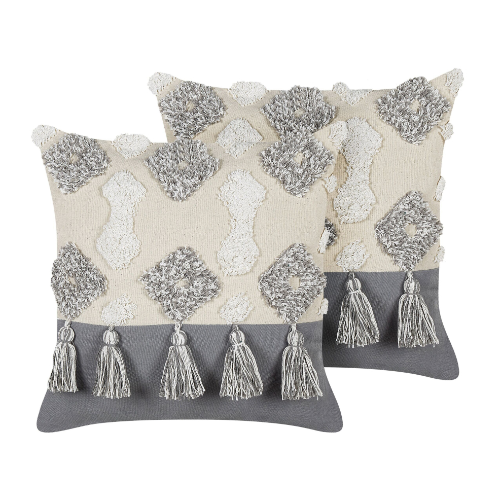Set of 2 Tufted Cotton Cushions with Tassels 45 x 45 cm Beige and Grey ALOCASIA