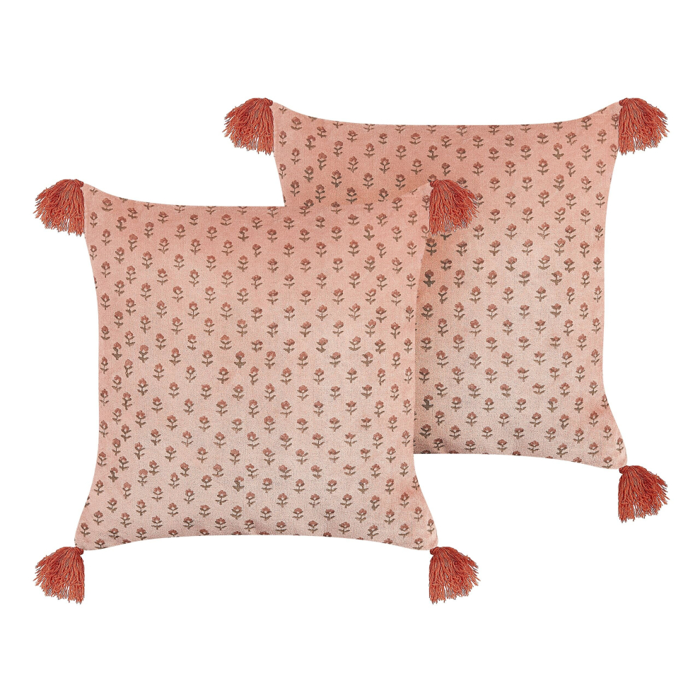 Set of 2 Velvet Cushions Floral Motif with Tassels 45 x 45 cm Pink RUMHORA