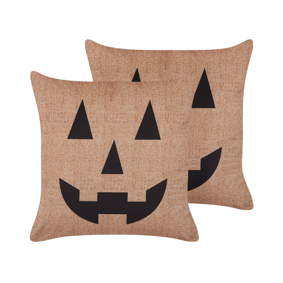 Set of 2 Velvet Cushions Jack-O-Lantern Pattern 45 x 45 cm Beige SEBES