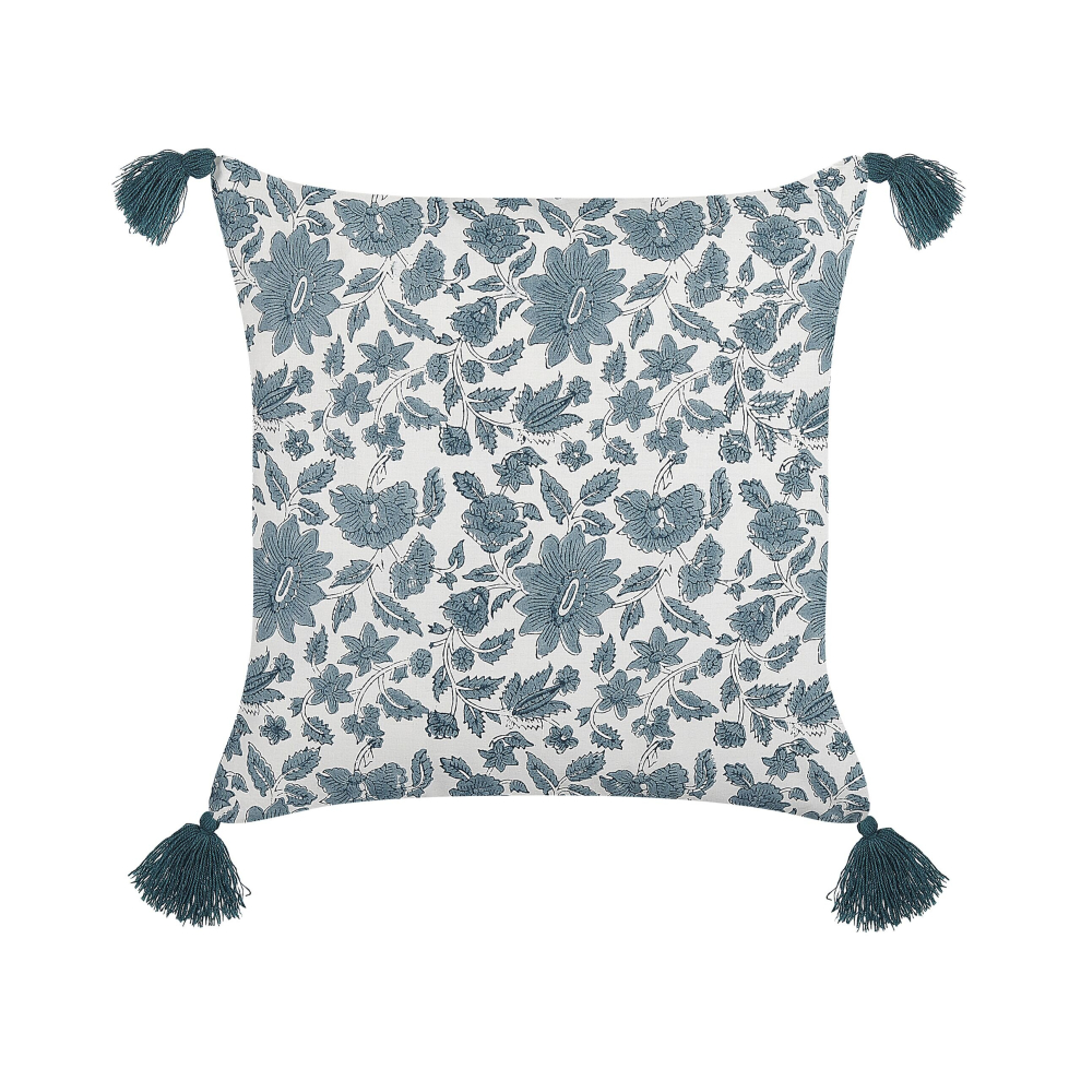 Cotton Cushion Floral Pattern with Tassels 45 x 45 cm White and Blue RUMEX