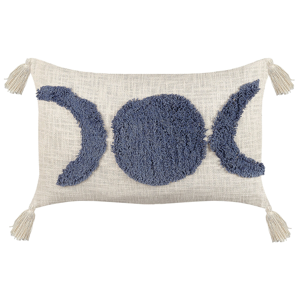 Tufted Cotton Cushion with Tassels 35 x 55 cm Beige and Blue LUPINUS