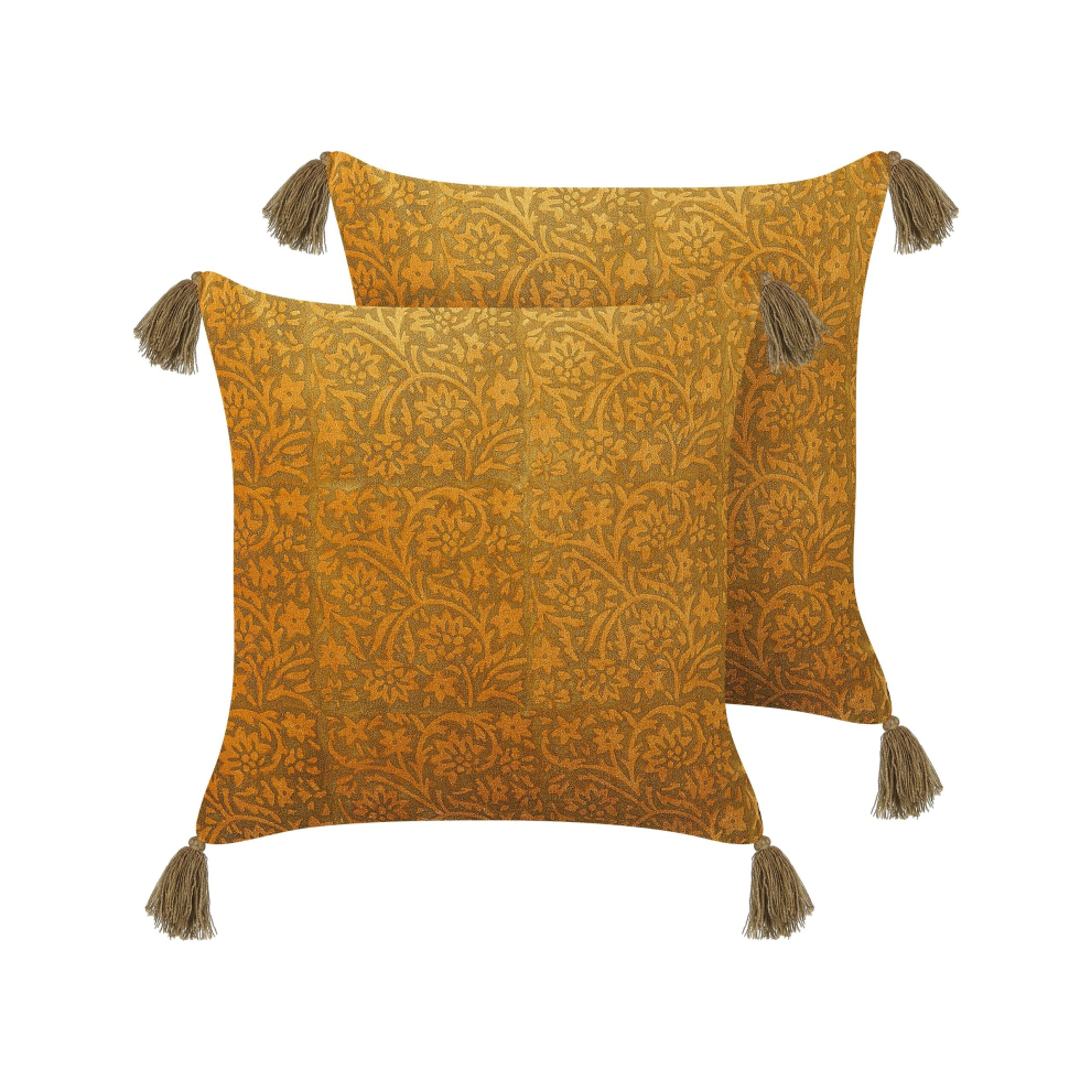 Set of 2 Velvet Cushions Floral Pattern with Tassels 45 x 45 cm Yellow RHEUM