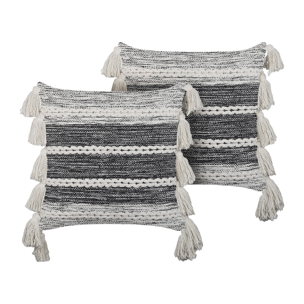 Set of 2 Cotton Cushions with Tassels 45 x 45 cm Black and White ROCHEA